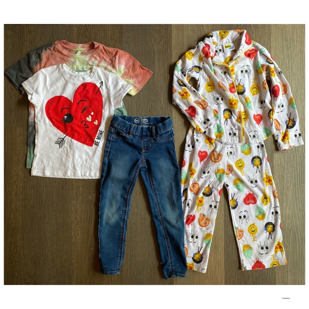 Girls Size 4/5 Kids Emoji Pajama Set and Heart T-Shirt with Jeans